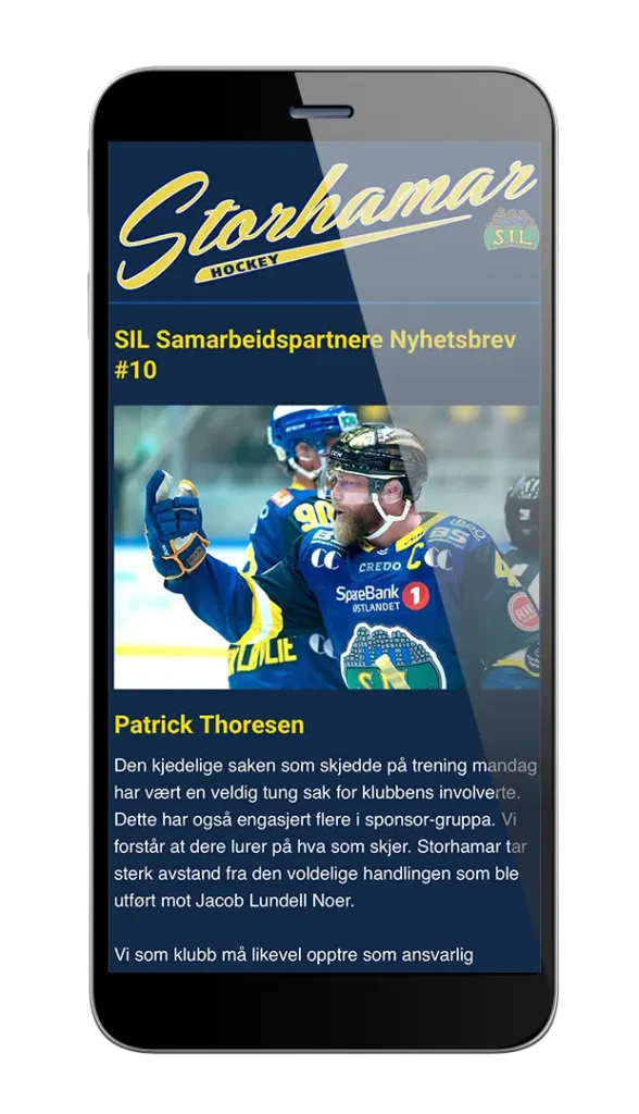 En smarttelefon som viser en nyhetsartikkel om ishockeyspiller Patrick Thoresen, som feiret under en Storhamar Hockey-kamp, iført en blå trøye med nummer 91.