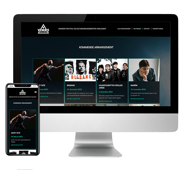 A dance company's website displayed on multiple devices at different Venues.