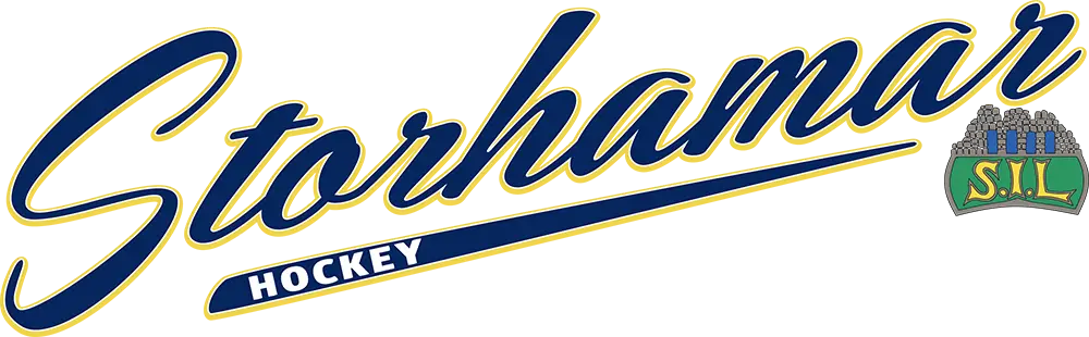 Logo for Storhamar Hockey med stilisert manus på gul bakgrunn med et lite emblem av et grønt skjold og hockeykøller.