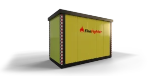 Gul REB ANLEGG treningsbeholder for brannmenn med logo og stripelys, mot en grå og hvit gradient bakgrunn.