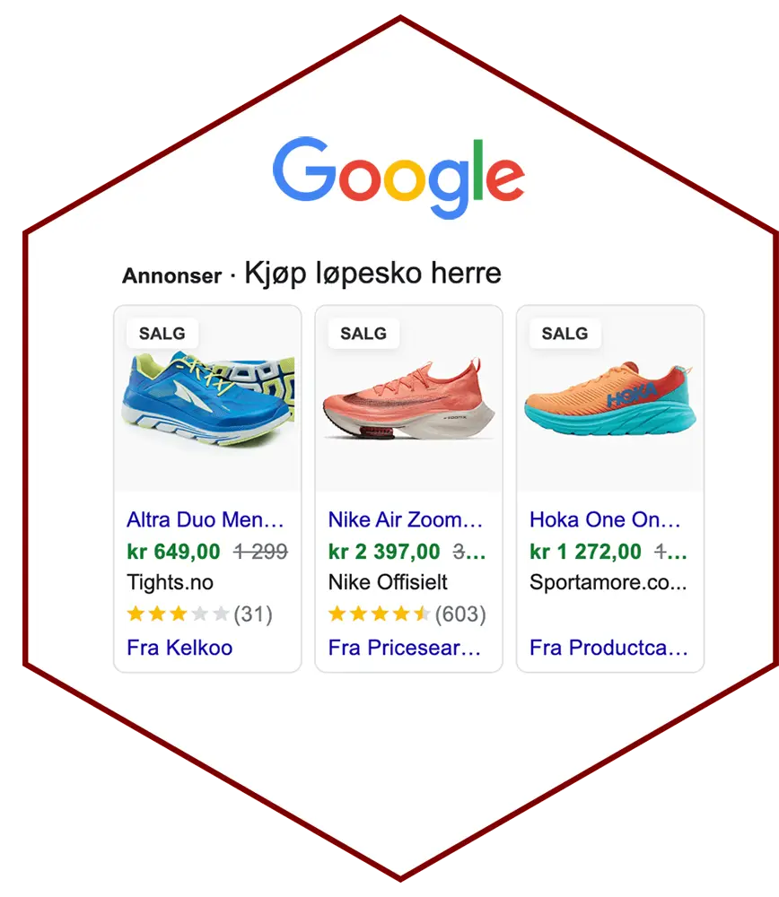 En digital Google Ads-annonse med tre par løpesko til salgs med priser og forhandlernavn vist.