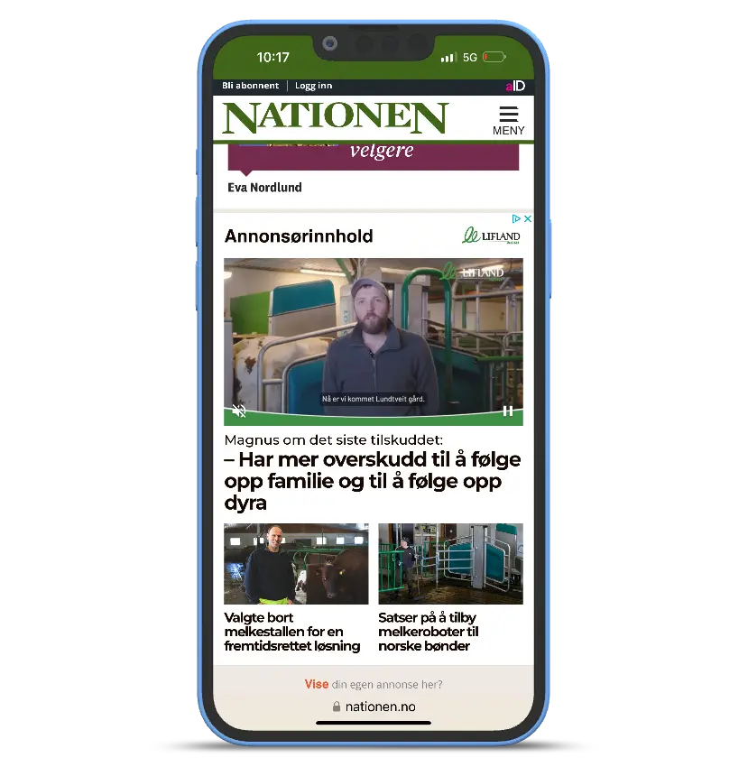 Smarttelefon som viser en nyhetsartikkel på Lifland Agri-nettstedet på norsk, med et videointervju med en skjeggete mann, med tekst og tilleggsinnhold synlig.