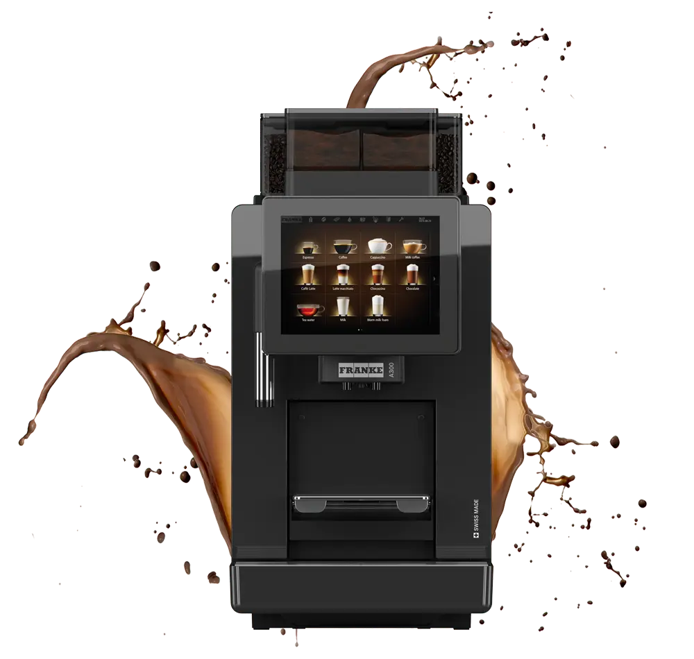 En svart automatisk kaffemaskin fra Kaffebryggeriet tilbyr ulike kaffealternativer vist på en berøringsskjerm, omgitt av en stilisert skvett kaffe.