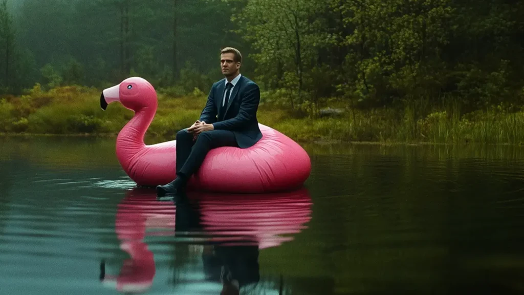 En mann i dress sitter rolig på en stor rosa flamingoflyter midt i en rolig innsjø, omgitt av trær – en fantasifull scene perfekt for å lage engasjerende videoer for bedrifter.