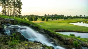 Golfbanelandskap med en liten foss ved Gillgruppen, frodige grønne fairwayer, et flagg på puttinggreenen og trær i bakgrunnen under en klar himmel.