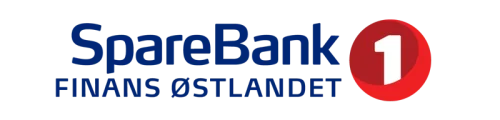 SpareBank 1 Finans Østlandet-logo med blå tekst og rødt sirkulært "1"-symbol på hvit bakgrunn.